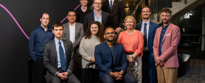 Graduates with UniSA’s Deputy Director: Business Incubation Craig Jones and Kirk Drage and Kathryn Heaton from LeapSheep.