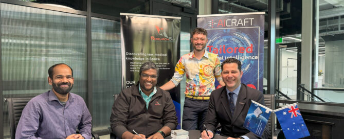 Signing of the MoU with (L-R) Jibin Dhanaraj (CTO, ResearchSat), RaviTeja Duggineni (CEO, ResearchSat), Craig Jones (Deputy Director, Innovation & Collaboration Centre, University of South Australia) and Dr Tony Scoleri (CEO, AICRAFT).